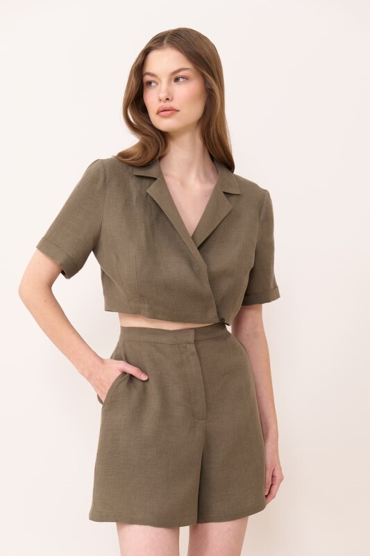 High Waist Linen Shorts Khaki - 3