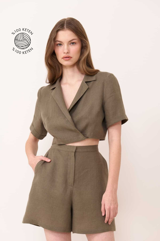 Yüksek Bel Keten Şort Haki - Roman