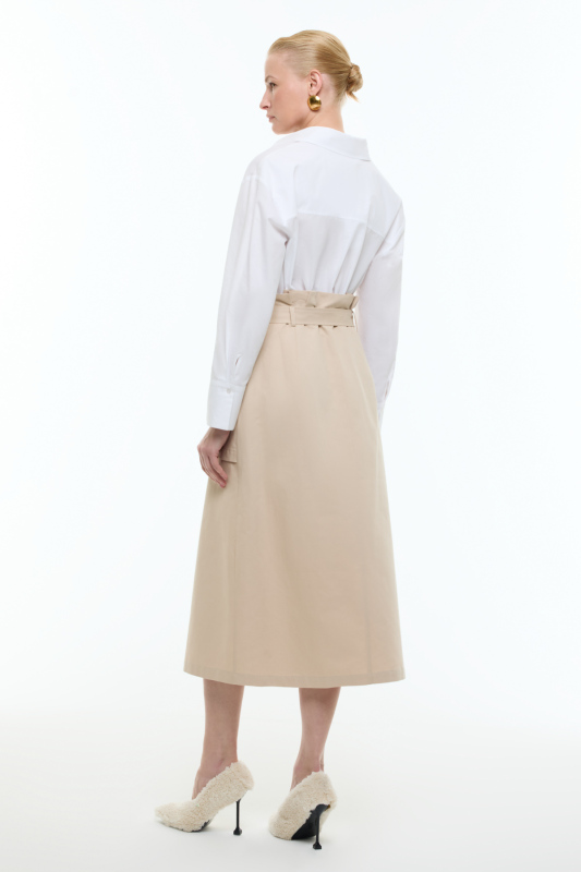 Yüksek Bel Pili ve Kemer Detaylı Çift Fletolu Yırtmaçlı Midi Boy Etek Bej - 2