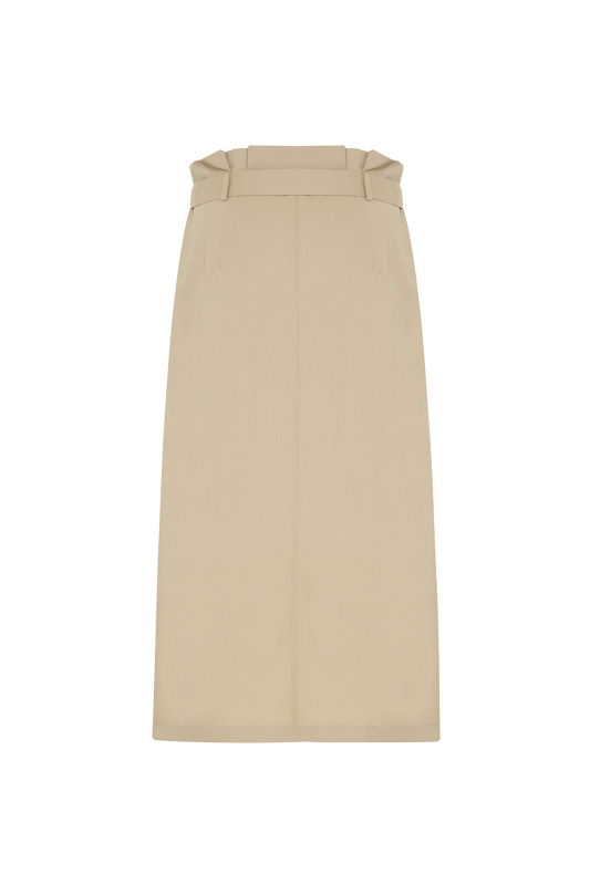 Yüksek Bel Pili ve Kemer Detaylı Çift Fletolu Yırtmaçlı Midi Boy Etek Bej - 6