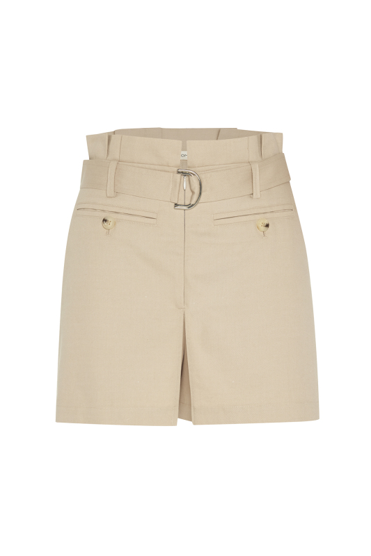 Yüksek Bel Pili ve Kemer Detaylı Şort Etek Bej - 5