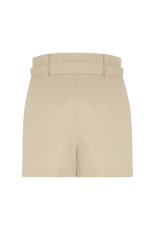 Yüksek Bel Pili ve Kemer Detaylı Şort Etek Bej - 6