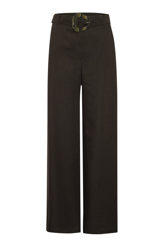 Yüksel Bel Geniş Paça Kemer Detaylı Keten Pantolon Kahve - 5