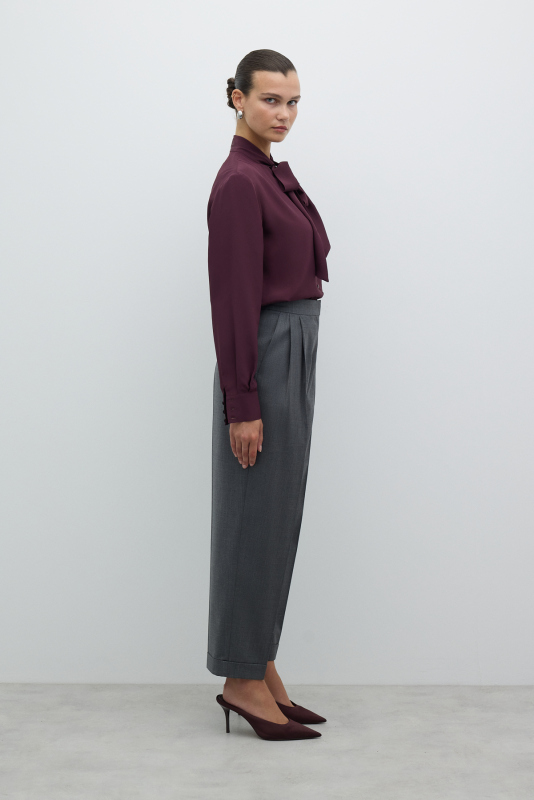 Yün Double Paça Çift Pileli Havuç Pantolon Gri - 3