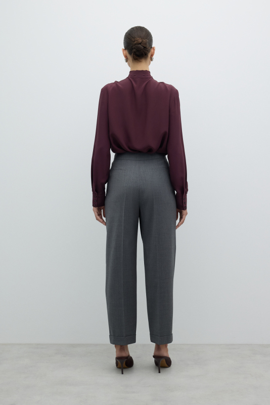 Yün Double Paça Çift Pileli Havuç Pantolon Gri - 2