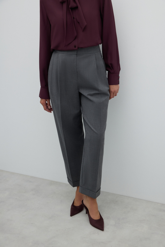 Yün Double Paça Çift Pileli Havuç Pantolon Gri - 4