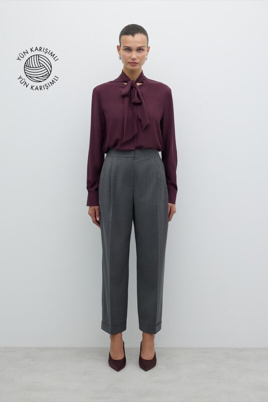 Yün Double Paça Çift Pileli Havuç Pantolon Gri - 1