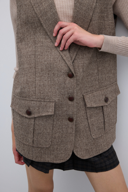 Yün Karışımlı Çift Cepli Yelek Kahve - 3