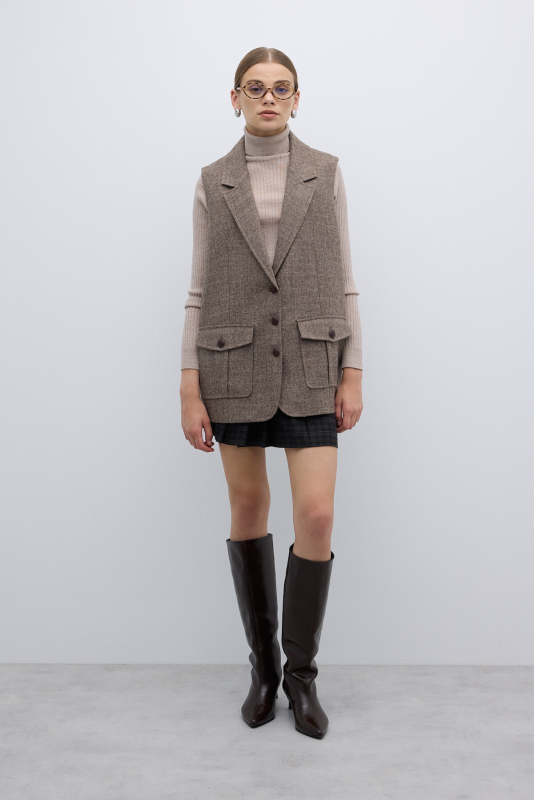 Yün Karışımlı Çift Cepli Yelek Kahve - 4