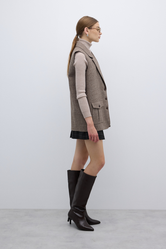 Yün Karışımlı Çift Cepli Yelek Kahve - 5