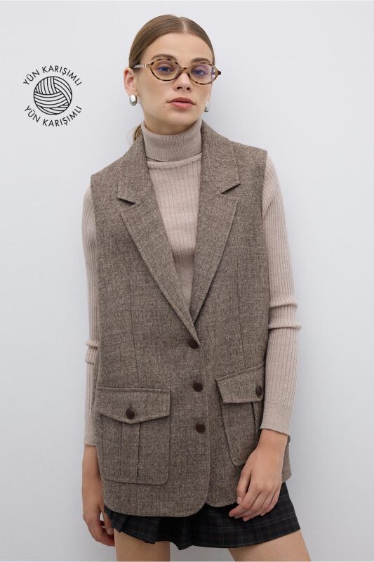 Yün Karışımlı Çift Cepli Yelek Kahve - 1