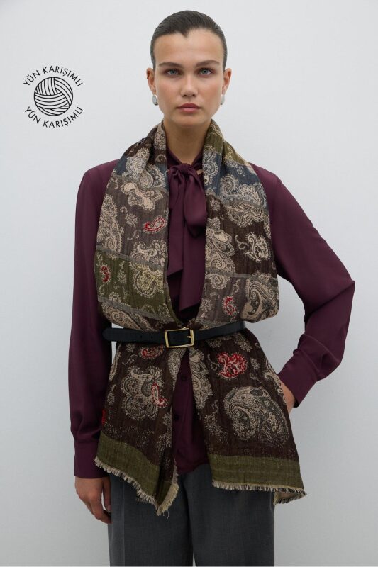 Yün Karışımlı Desenli Şal Standart Renk - Roman