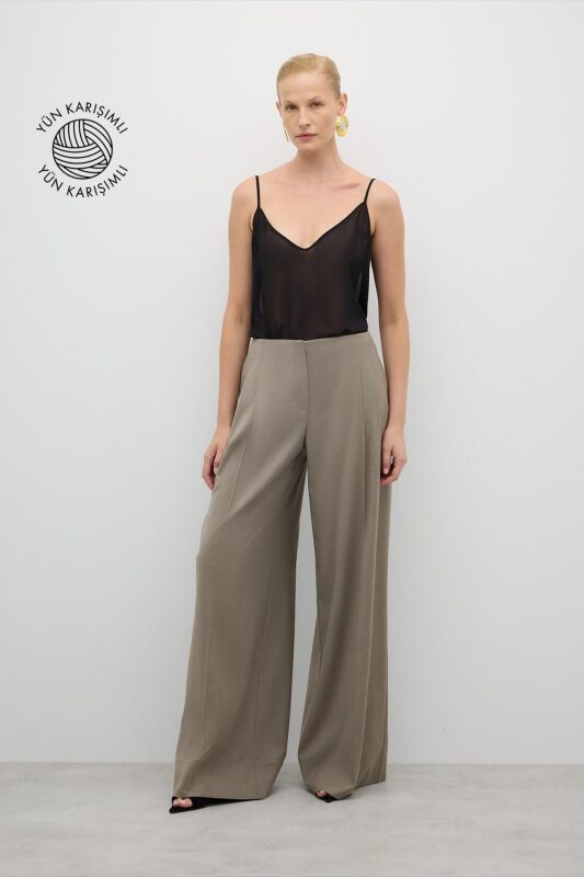 Yün Karışımlı Palazzo Pantolon Kum Beji - Roman