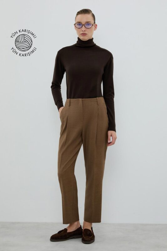Yün Karışımlı Tek Pileli Havuç Pantolon Kahve - Roman