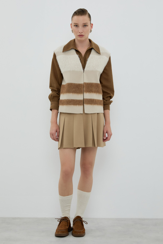 Yün Karışımlı V Yaka Yelek Camel - Bej - 3