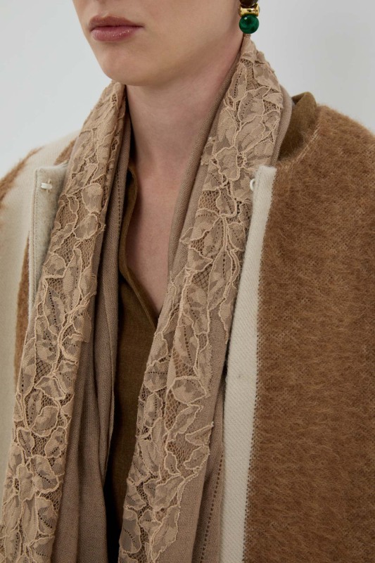 Yün ve Kaşmir Karışımlı Desenli Şal Açık Kahve - Roman (1)