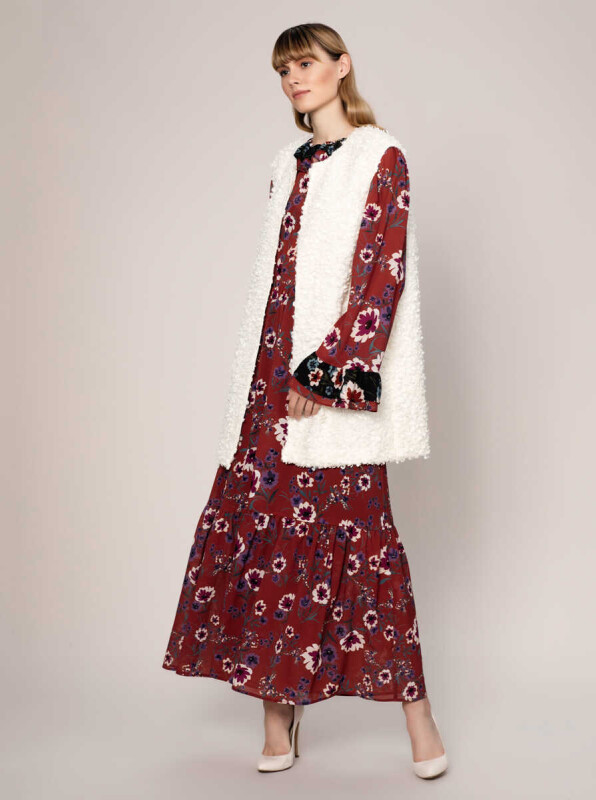  Yünlü Uzun Kadın Yelek Ekru - 3