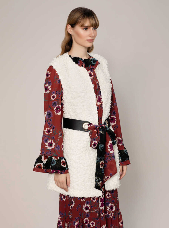  Yünlü Uzun Kadın Yelek Ekru - 4