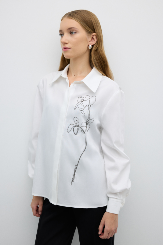 Zincir İşlemeli Uzun Kol Gömlek Beyaz - 1