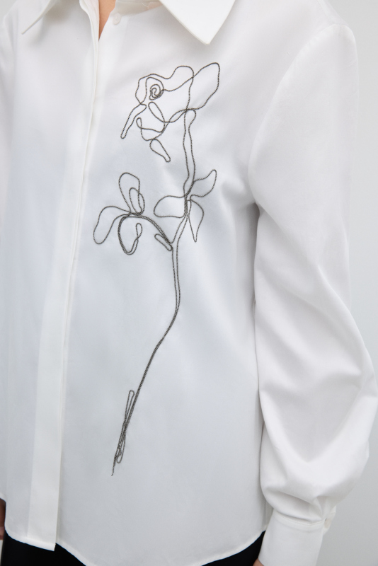 Zincir İşlemeli Uzun Kol Gömlek Beyaz - 3