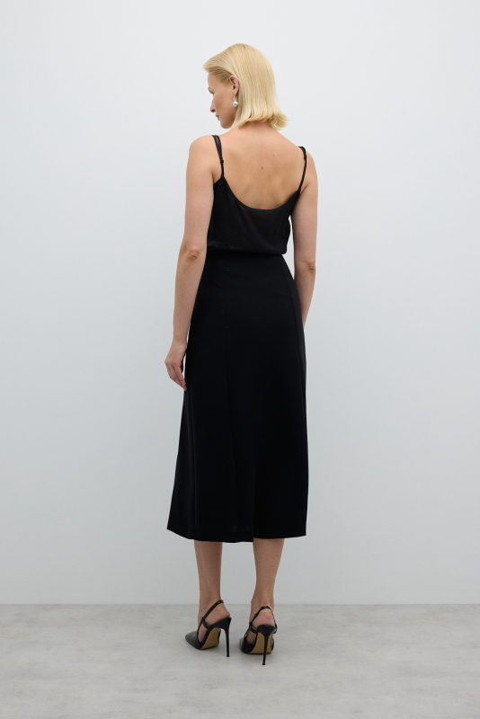 Zincir İşlemeli Yırtmaçlı Midi Boy Etek Siyah - 2